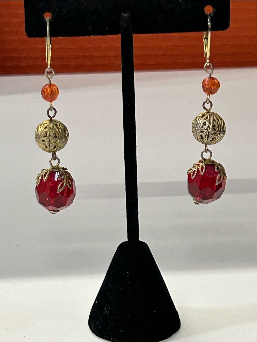 Vintage Gold and Red Beaded Drop Earrings - Elegant Women's Jewelry